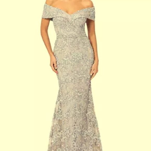 Xscape Gold Silver Off the Shoulder Embroidered Gown - Picture 1 of 3